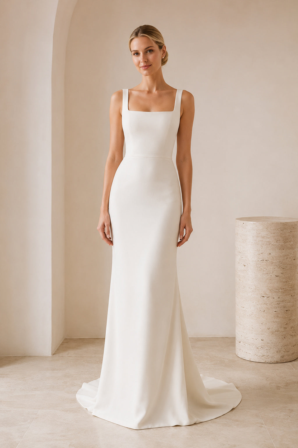 White Square Neck Satin Sheath Wedding Dress with Wide Straps and Sweep Train front view