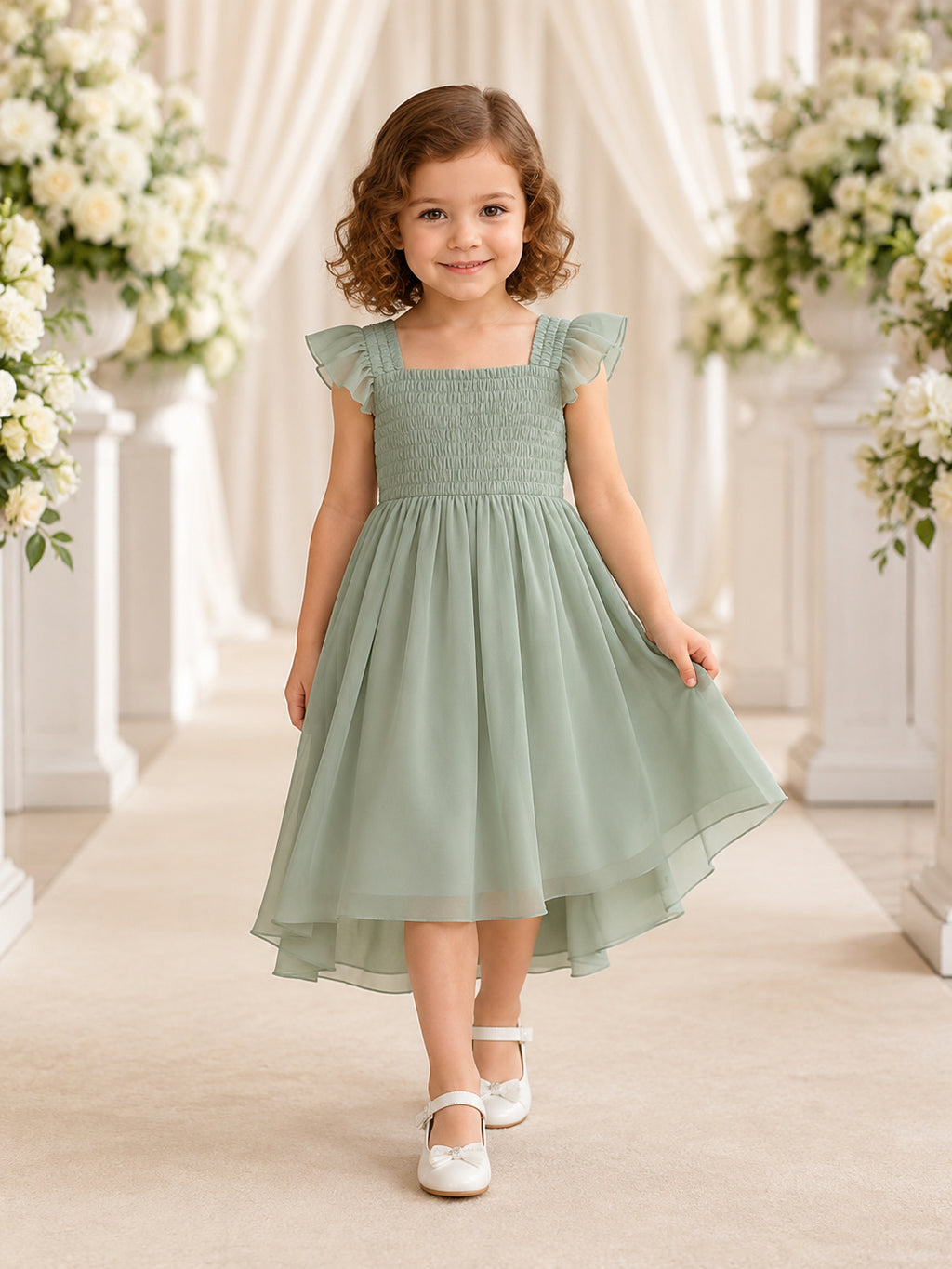 Sage Green Tulle A-Line Flower Girl Party Dress with Petal Sleeves Bow and Ruffled Skirt front view