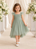 Sage Green Tulle A-Line Flower Girl Party Dress with Petal Sleeves Bow and Ruffled Skirt front view