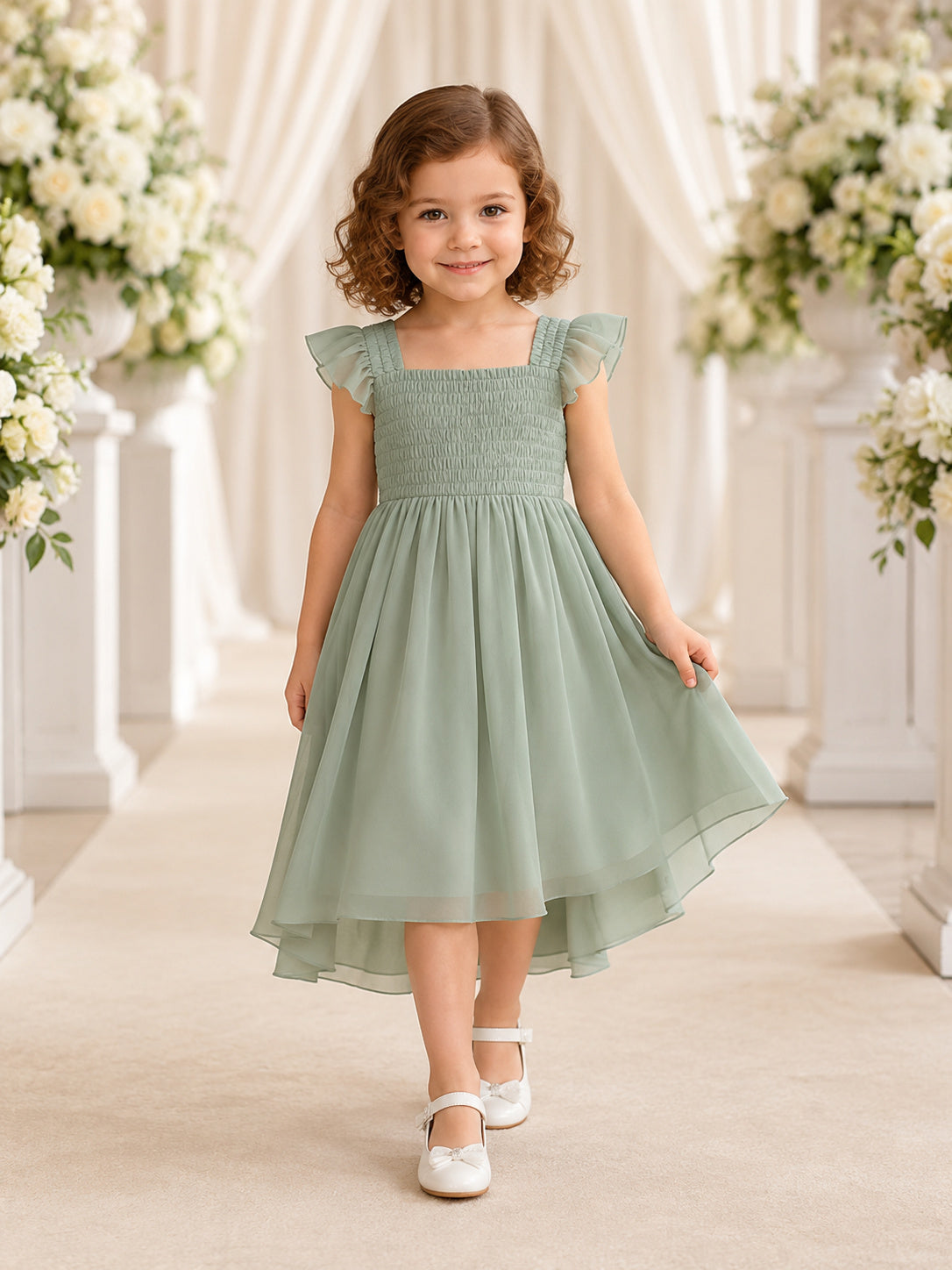 Sage Green Tulle A-Line Flower Girl Party Dress with Petal Sleeves Bow and Ruffled Skirt front view