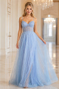 Sky Blue Spaghetti Strap Glitter Tulle A-Line Prom Dress with Corset Bodice front view
