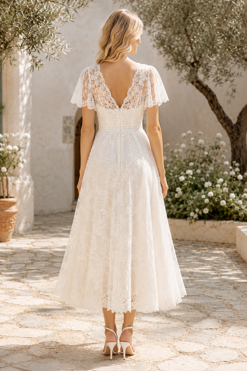 Ivory V-Neck Short Sleeve Lace Tea Length Wedding Dress for Wedding Reception and Party back view