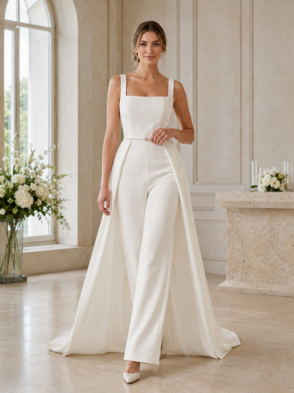 Modern Bridal Jumpsuit Square Neck Straps Wide Leg Train Wedding Outfit front view