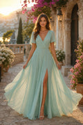 Mint V-Neck Floor-Length Chiffon A-Line Dress