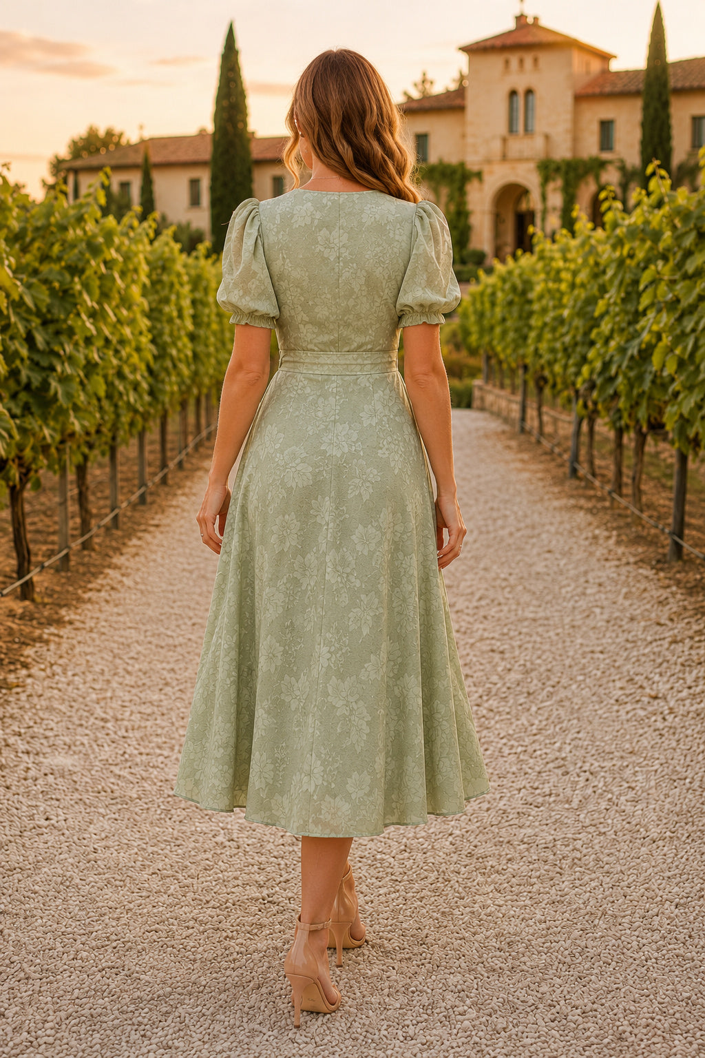 Sage Green Wedding Guest Sheath Dress Style MG_301563 back view