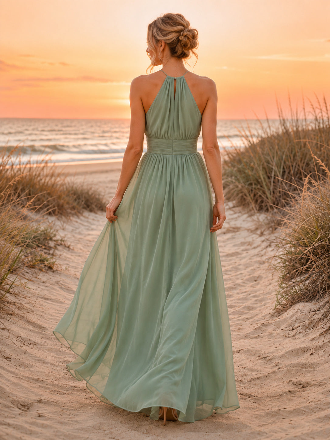 Sage Sunset Beach A-Line Chiffon Bridesmaid Dress with Sleeveless Halter High Neck Bodice, Pleated Floor-Length Skirt and Key