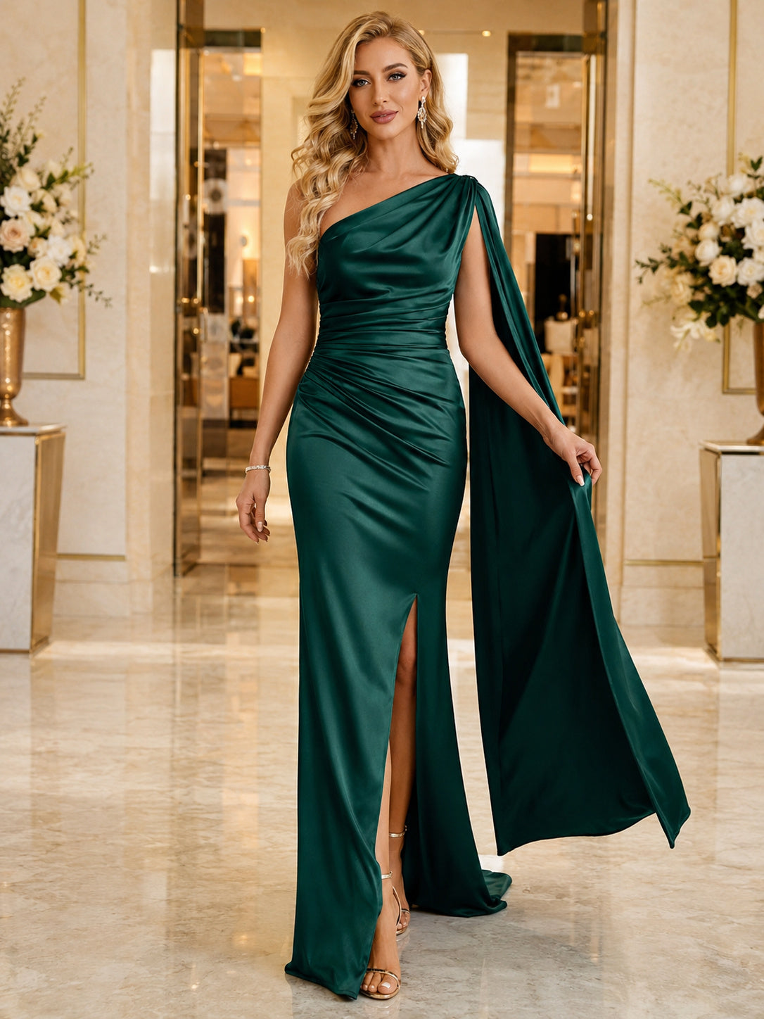 Dark Green Satin Cape Sleeve Winter Wedding Gown front view