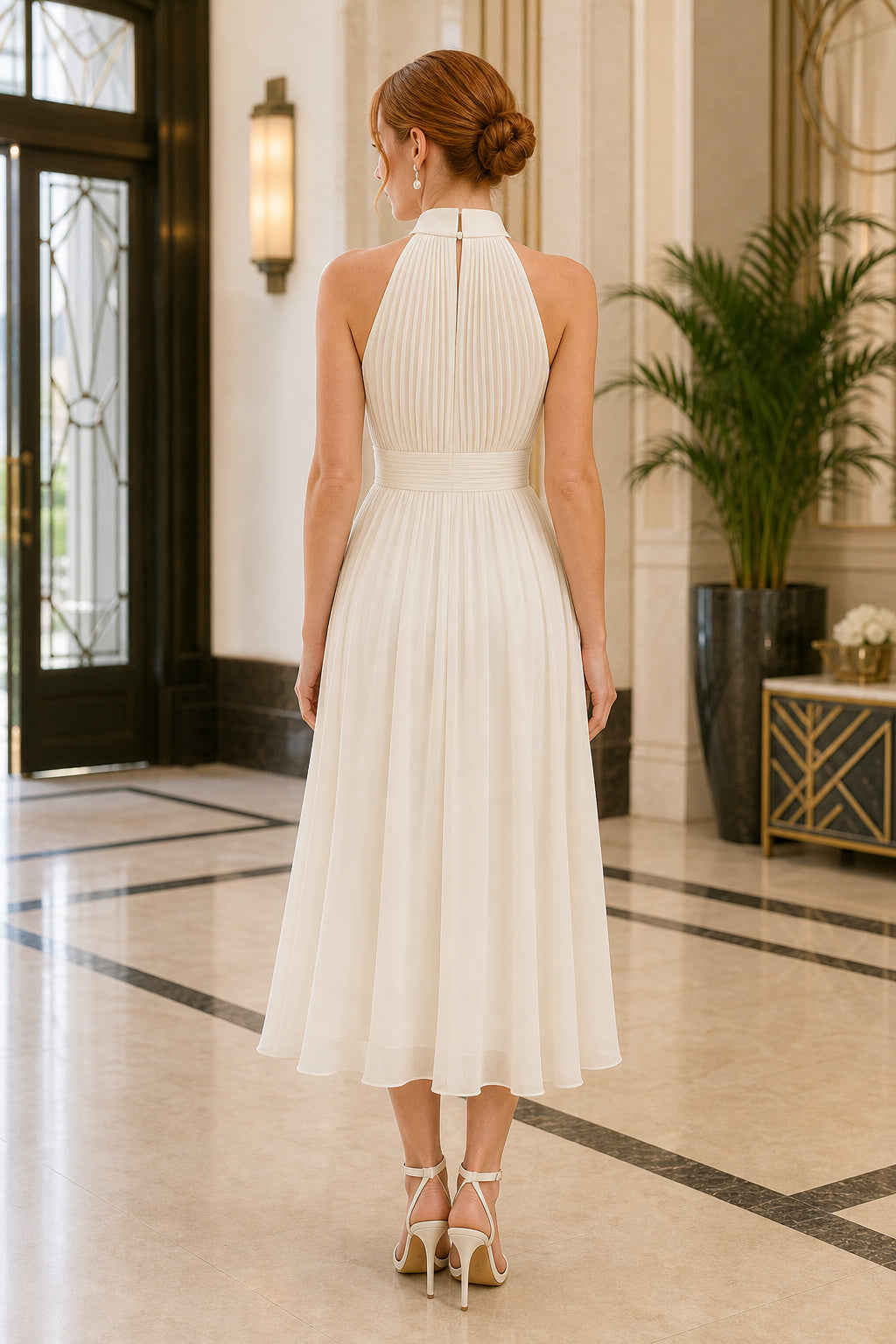 White Halter A-Line Chiffon Tea-length Dress With Pleats