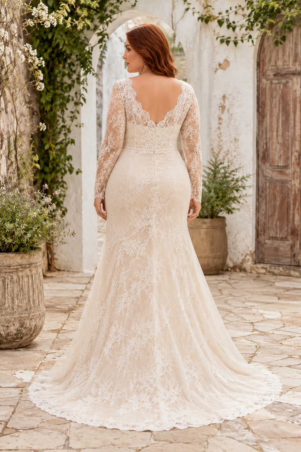 Plus Size Ivory V-Neck Long Illusion Sleeve Lace Tulle Mermaid Wedding Dress with Allover Lace and Sweep Train back view