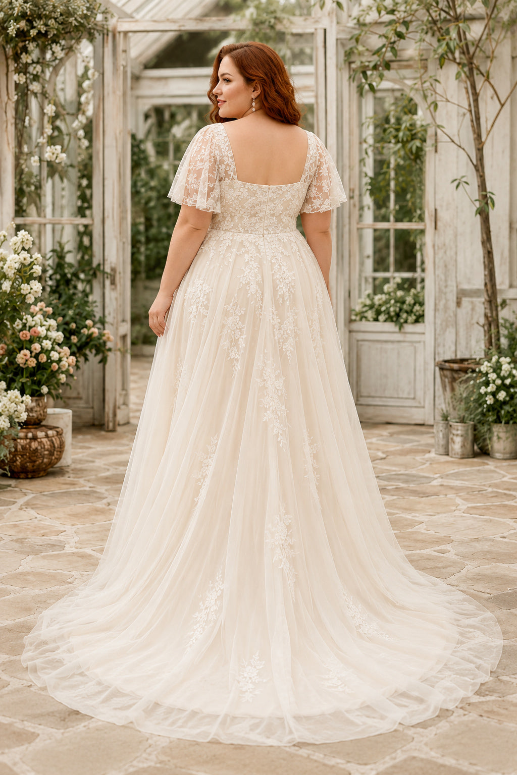 Plus Size Square Neck Cap Sleeve Lace A-Line Wedding Dress back view