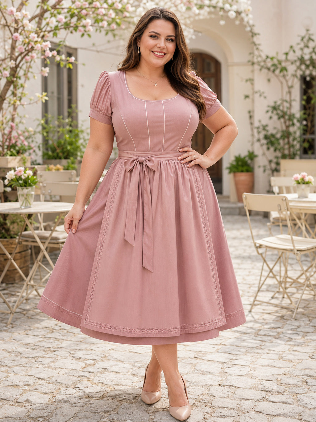 Minimal Plus Size Dusty Rose Formal A Line Tea Length Scoop Puff Sleeve Dress front view