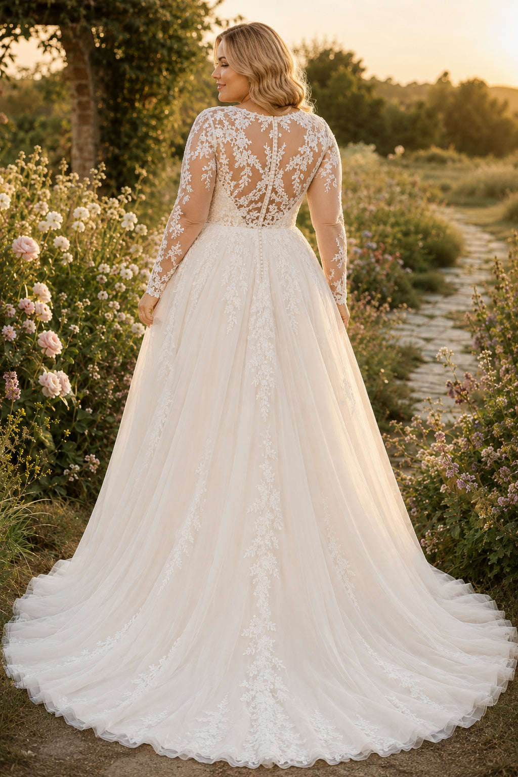 Ivory Plus Size V-Neck Long Sleeve Lace A-Line Wedding Dress with Illusion Back and Train back view
