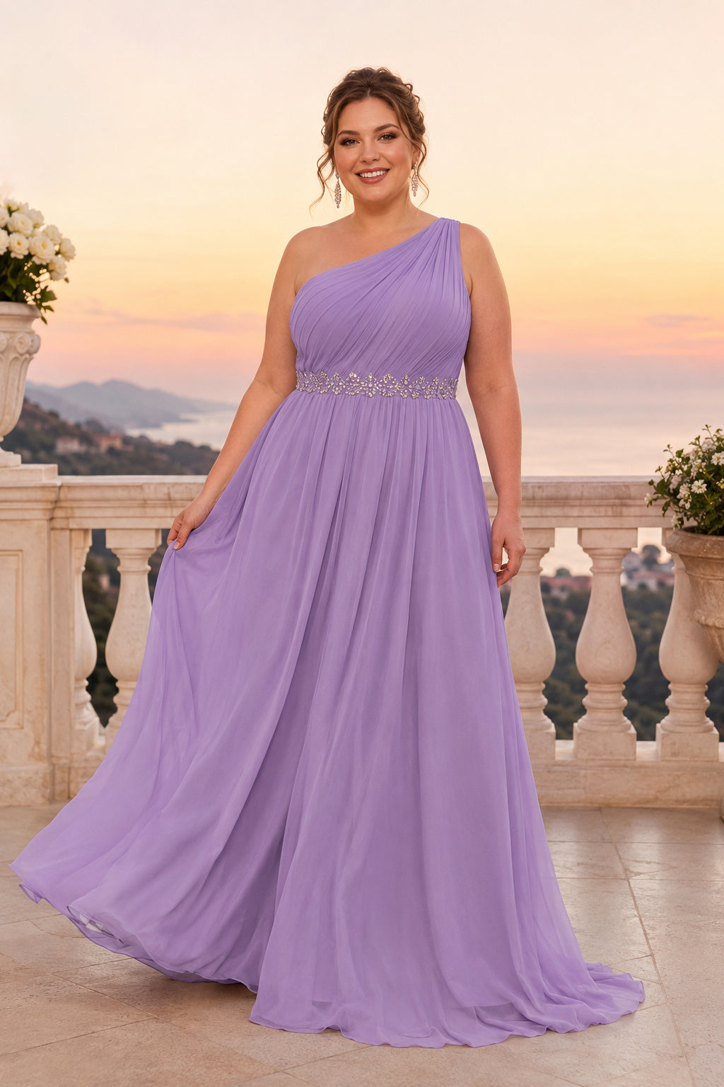 Lavender Plus Size One Shoulder Chiffon A-Line Bridesmaid Dress for Bridesmaids Wedding Guests and Formal Receptions front vi