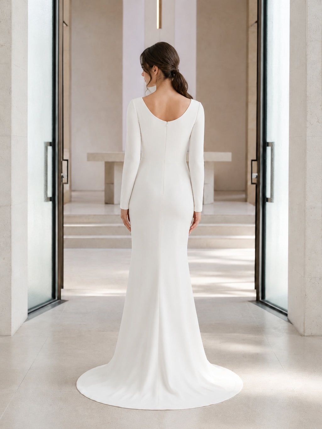 Minimalist Crepe Long Sleeve Modern Chapel Bridal Gown back view