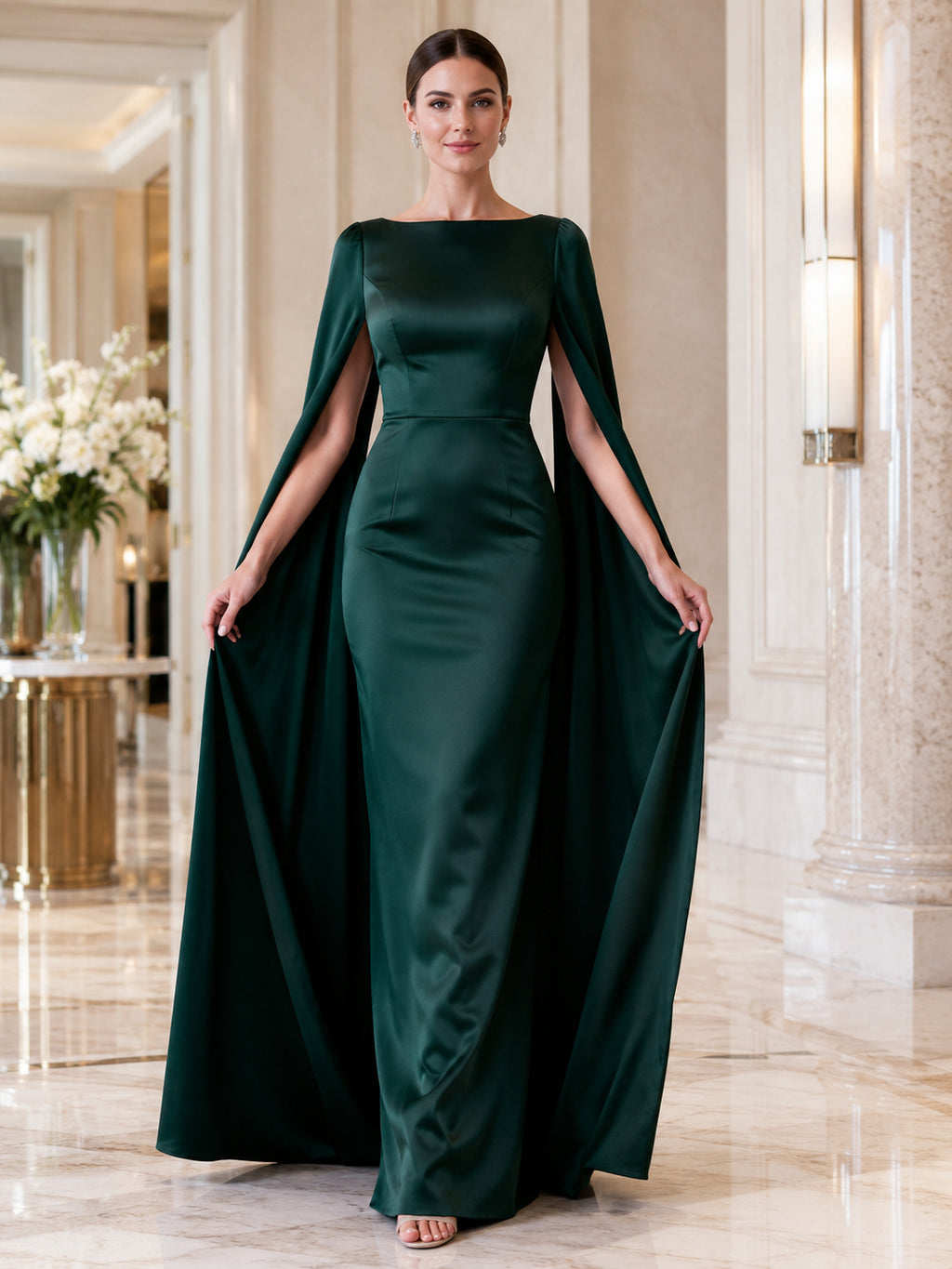 Dark Green Cape Sleeve Satin Formal Gown front view