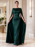 Dark Green Cape Sleeve Satin Formal Gown front view