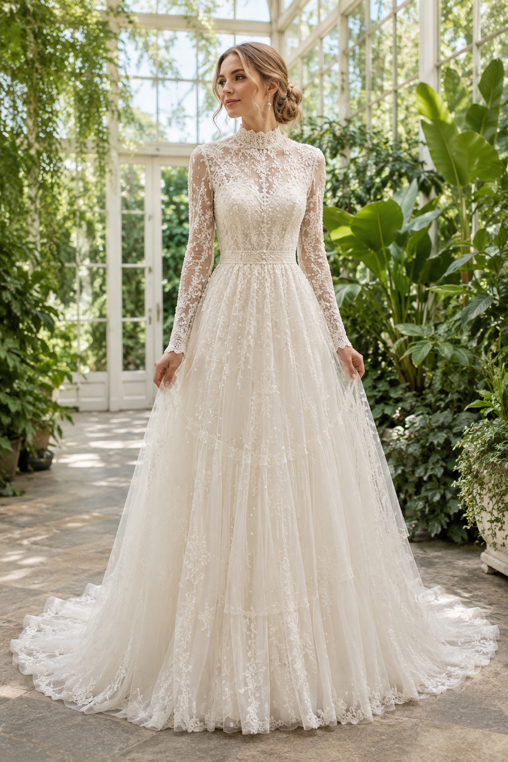 Ivory Luxury High Neck A-Line Lace Tulle Wedding Dress with Long Lace Sleeves and Chapel Train Style MG_701340 front view