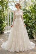 Ivory Luxury High Neck A-Line Lace Tulle Wedding Dress with Long Lace Sleeves and Chapel Train Style MG_701340 front view