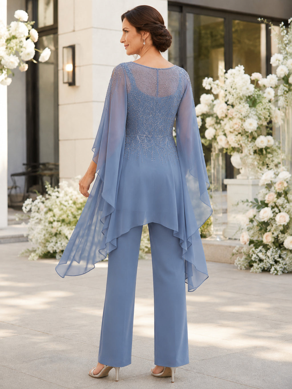 Dusty blue beaded chiffon overlay pantsuit mother dress set back view