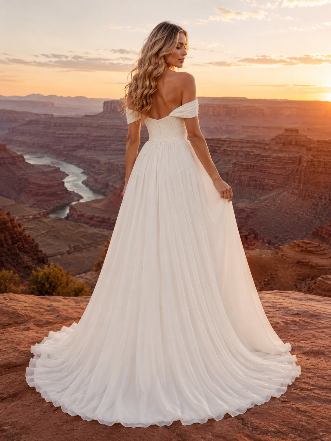 Romantic Off-Shoulder Flowing Chiffon A-Line Canyon Elopement Dress back view