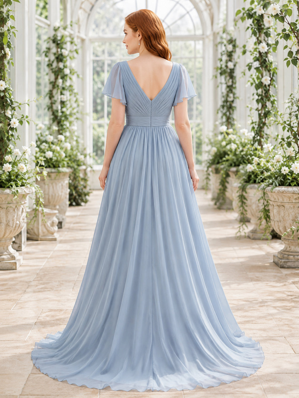 Steel Blue V Neck Flutter Sleeve Chiffon A Line Wedding Gown back view