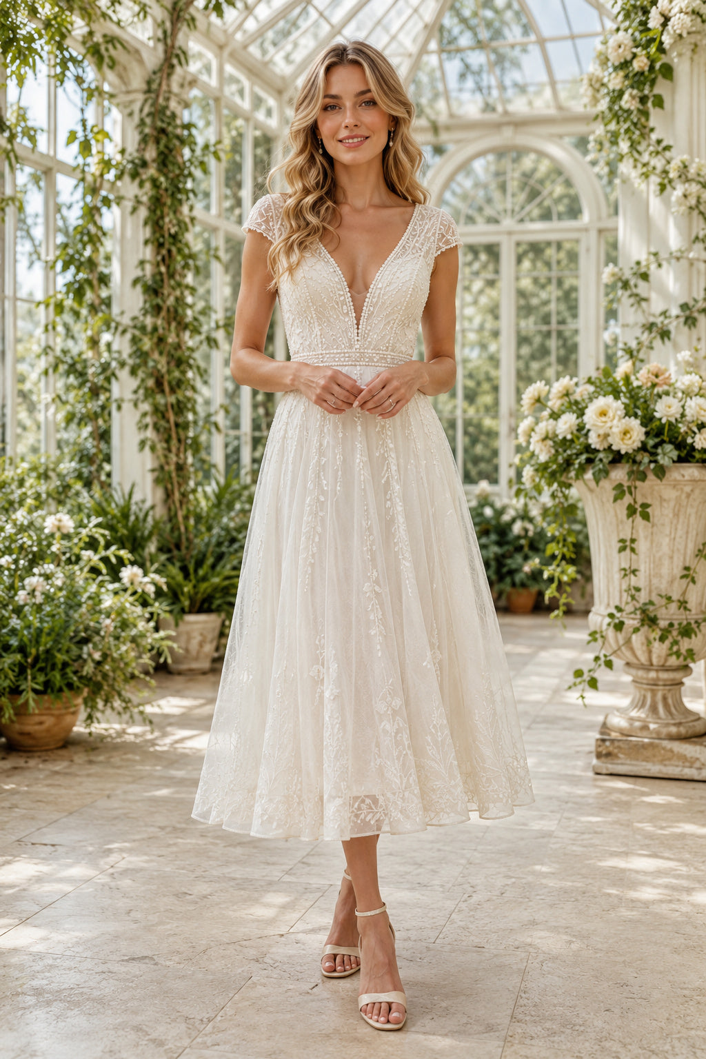 Ivory V-Neck Cap Sleeve Lace Tulle Tea-Length Wedding Dress with Lace Cap Sleeves and V-Back front view