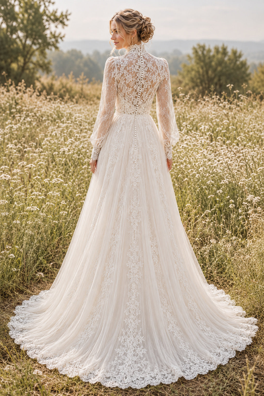 High Neck Long Sleeve A-Line Wedding Dress with Lace Appliques and Chapel Train for Beach Garden Ceremony back view