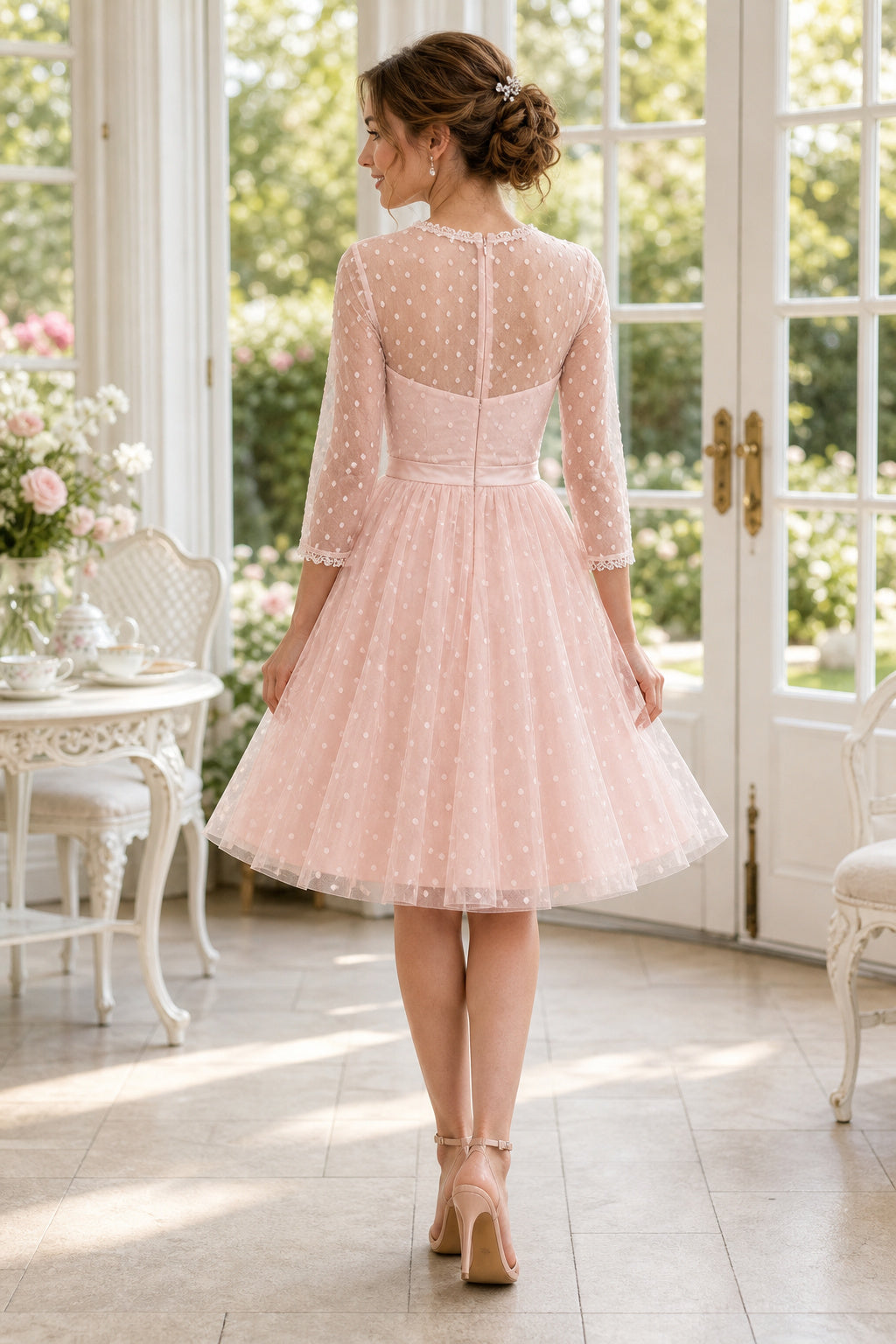 Blush Bateau Long Sleeve A-Line Tulle Tea-Length Dress With Lace Bodice