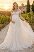 Ivory Cap Sleeve Lace Maternity Wedding Dress with Full A-Line Skirt front view