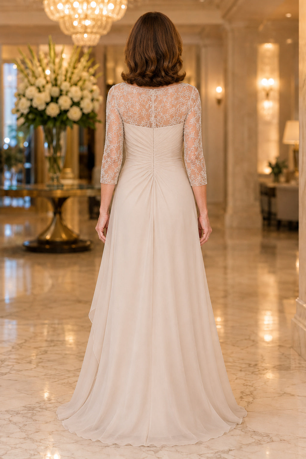Ivory Lace Sleeve A-Line Mother Dress with Bateau Neck and Draped Chiffon Skirt back view