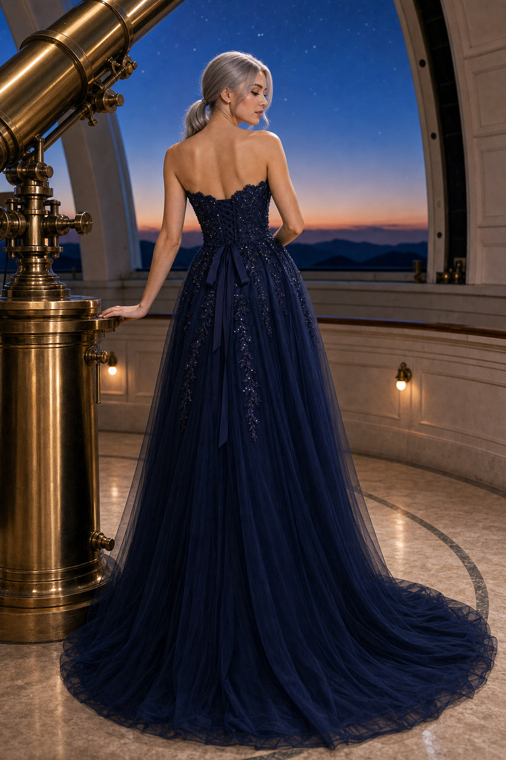 Navy Strapless Sweetheart A-Line Tulle Floor-Length Dress With Beaded Bodice