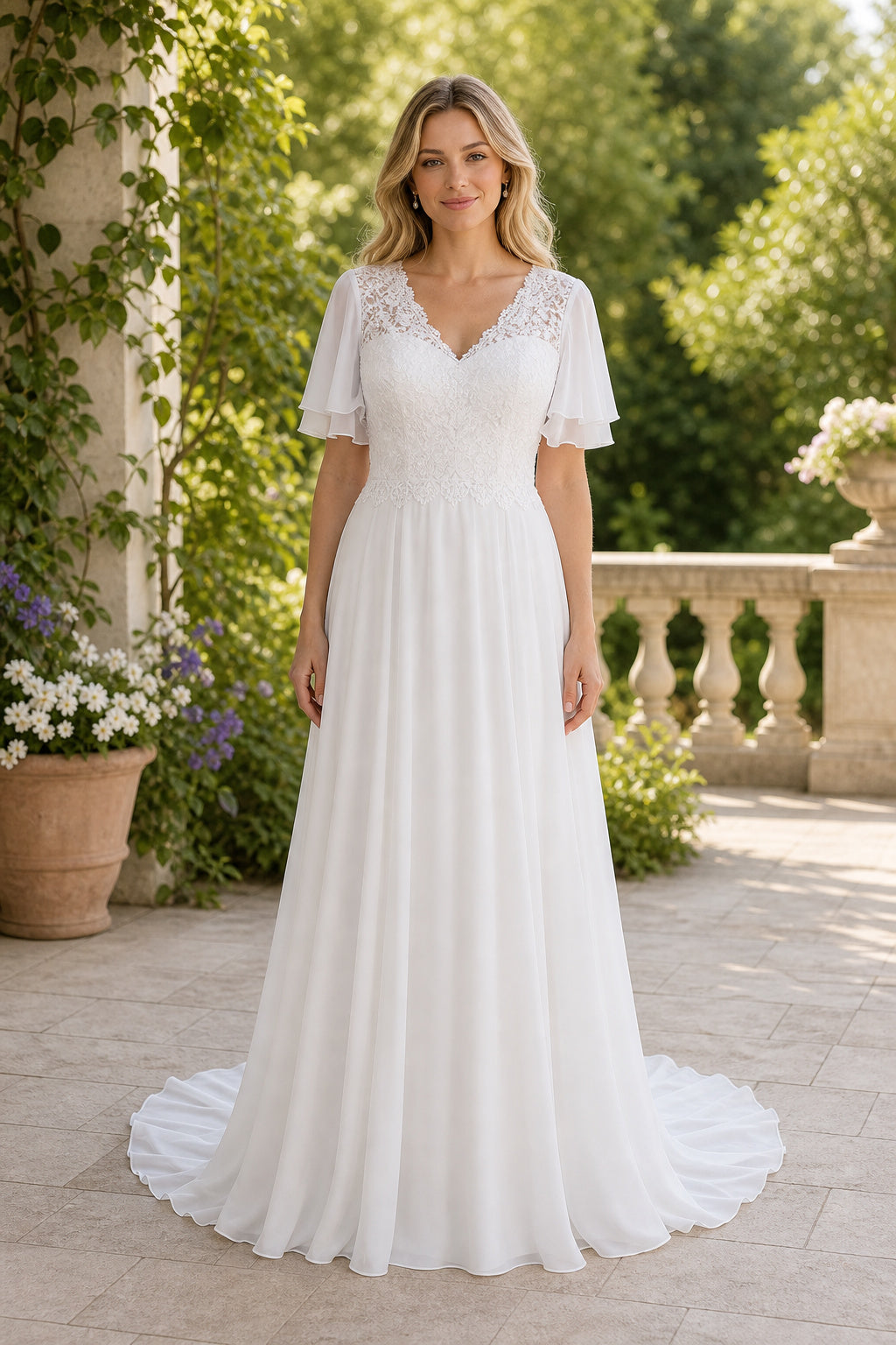 Ivory Sweetheart A-Line Chiffon Floor-length Wedding Dress With Floral Appliques and Front Slit and Open Back