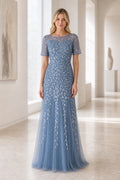 Slate Blue Bateau Short Sleeve Sheath Tulle Floor-Length Dress With Sequin Pattern