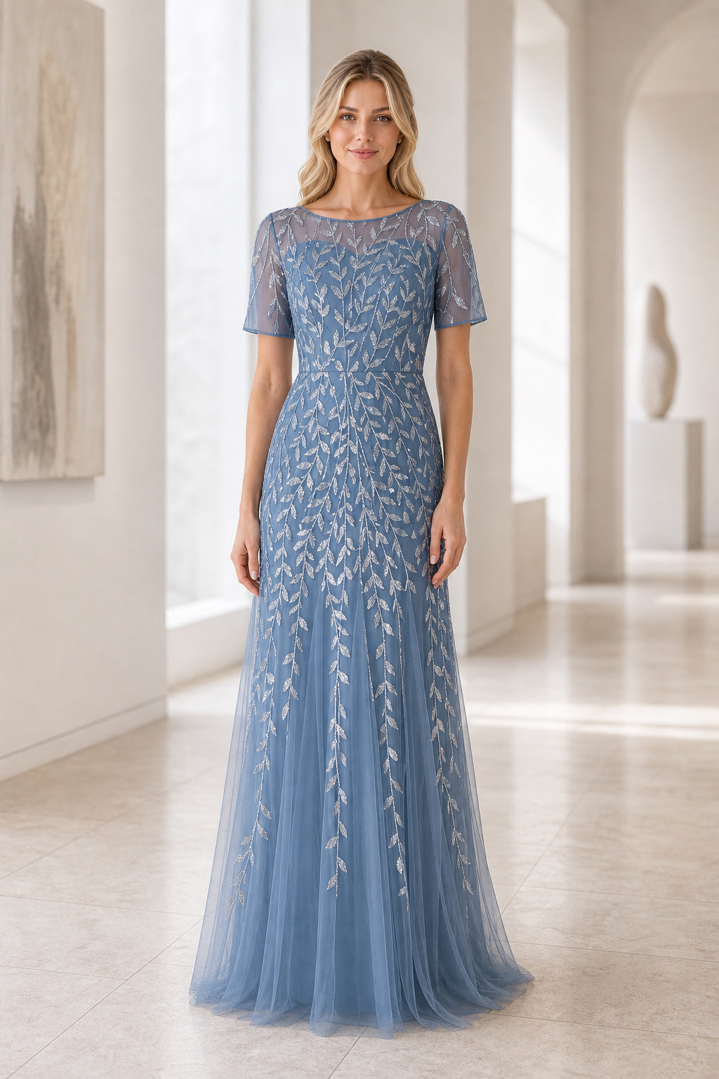 Slate Blue Bateau Short Sleeve Sheath Tulle Floor-Length Dress With Sequin Pattern