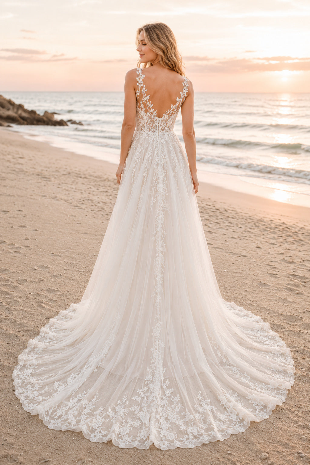 Ivory Strap V-Neck Lace Tulle A-Line Wedding Dress Chapel Train for Bridal Ceremony and Reception back view