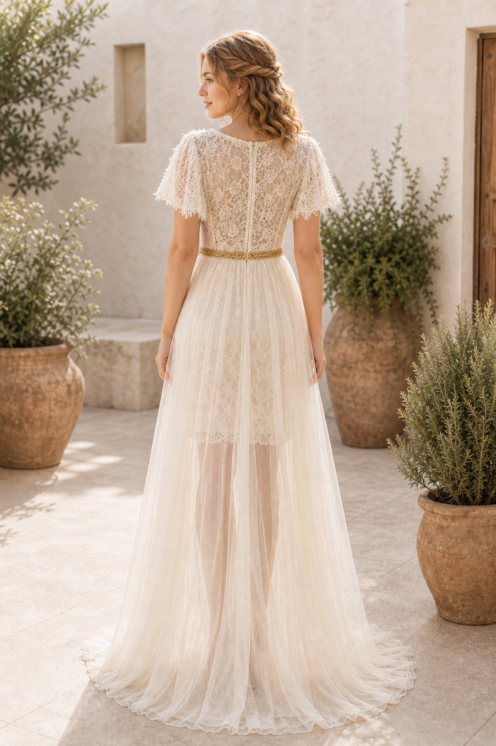 Champagne V-neck Short Sleeves A-Line Tulle, Lace High-low Formal Dress With Lace and Front Slit