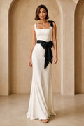 Plus Size White Square Neck Sheath Formal Dress with Black Bow Shoulder and Sash front view