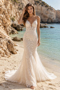 Ivory Spaghetti V-Neck Lace Mermaid Wedding Dress Chapel Train for Bridal Ceremony and Reception Style MG_700796 front view