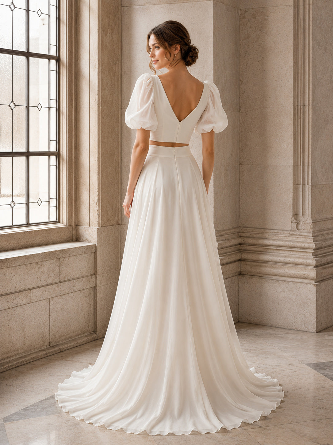 Wrapped V Neck Puff Sleeve Chiffon Courthouse Bridal Set back view