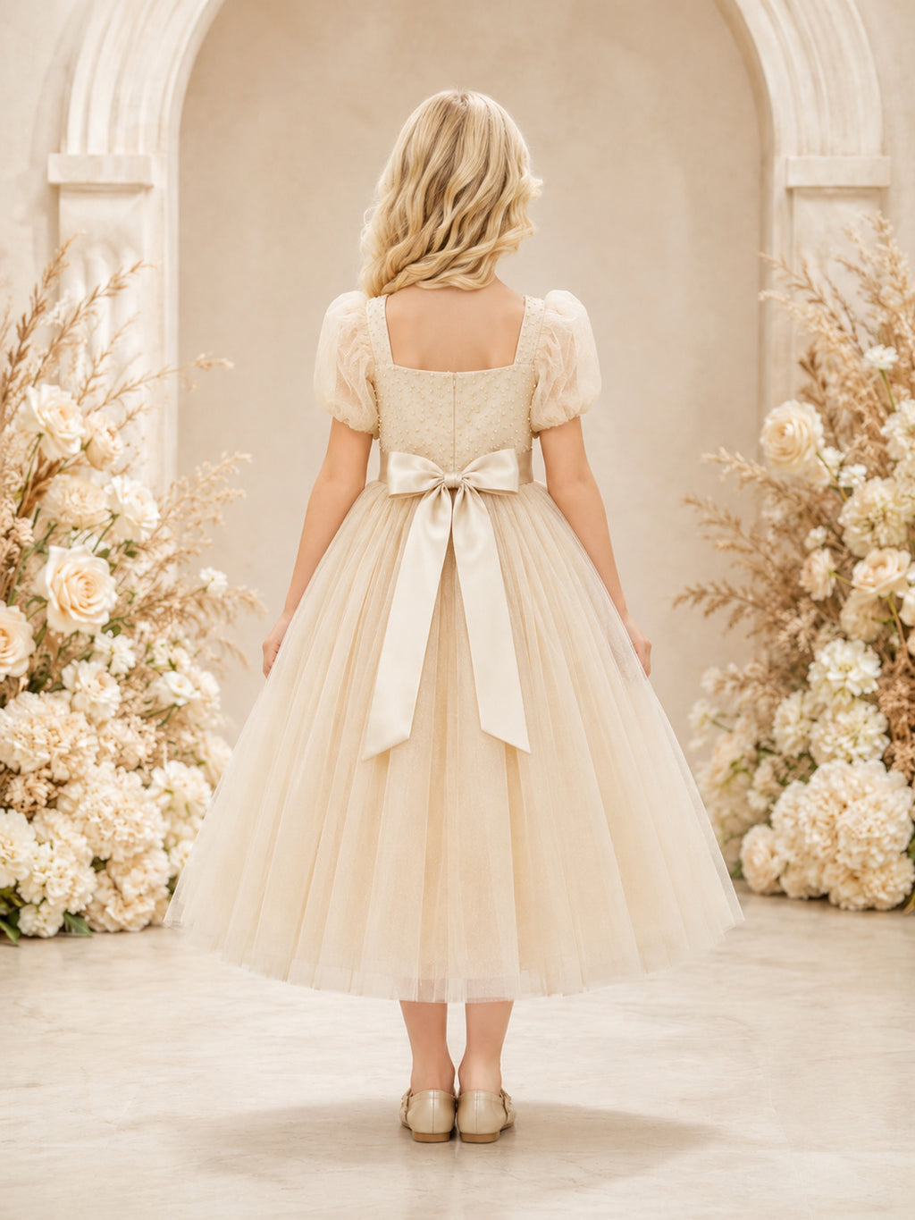 Ivory Tulle A-Line Flower Girl Dress Cap Sleeve Square Neck Tea Length Bow Detail back view