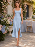 Pastel blue square neck satin midi sheath dress with slit front view