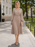 Taupe Mother V Neck Long Poet Sleeve Pleated Chiffon Tea Length Einschulung Dress front view