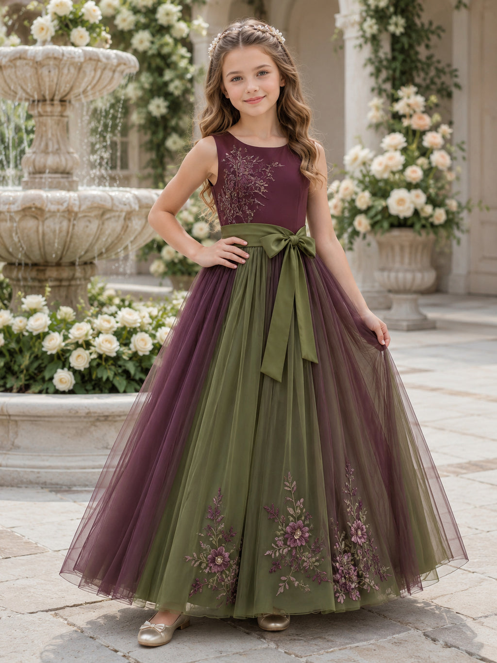 Flower Girl Dress A-Line Plum Olive Floral Tulle Sleeveless Bow Formal front view