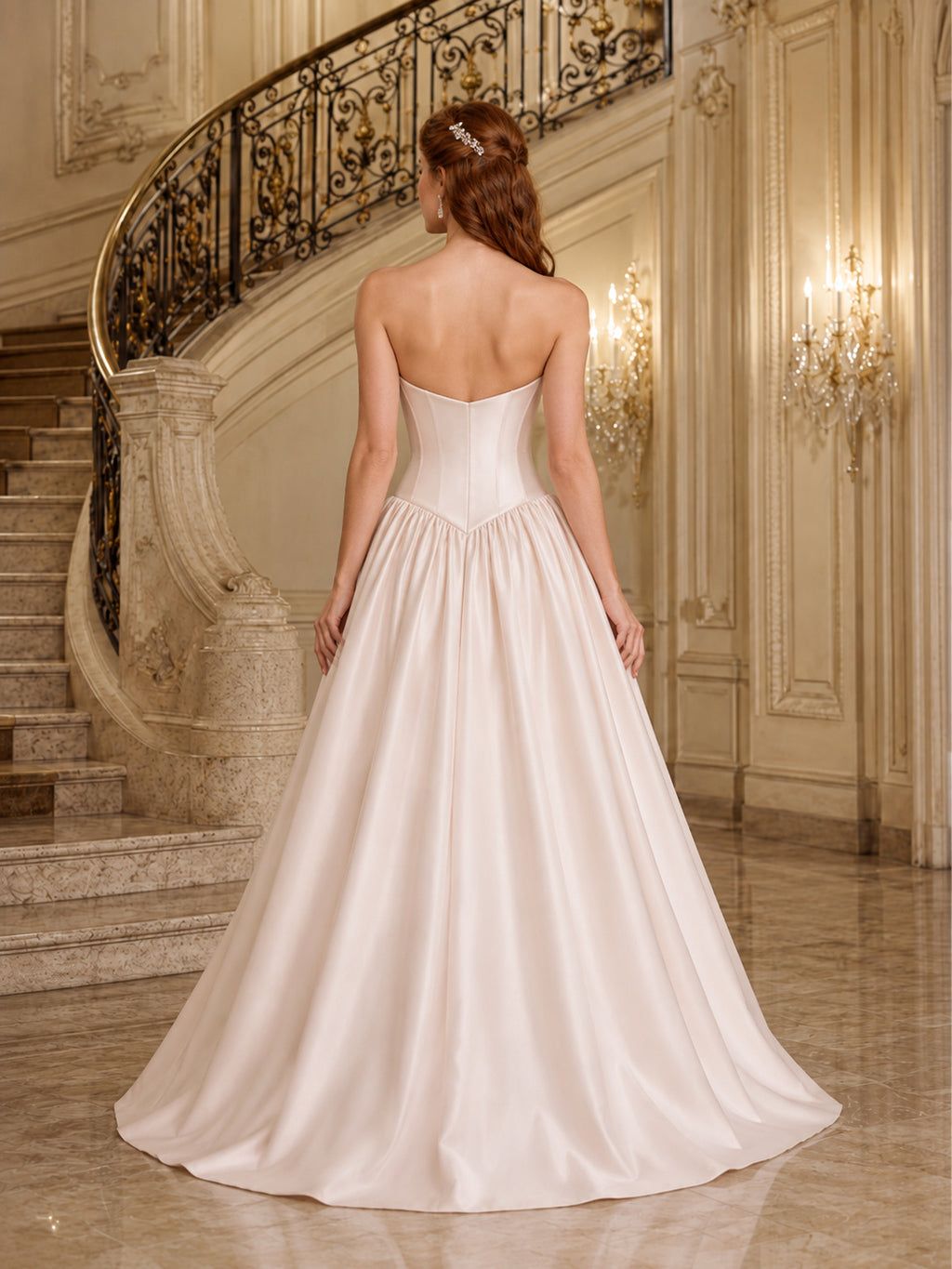 Strapless Drop Waist Satin Vintage Ballroom Wedding Dress back view