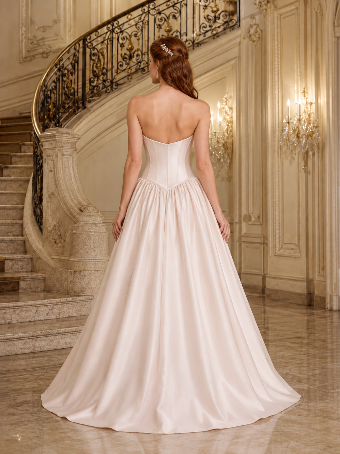 Strapless Drop Waist Satin Vintage Ballroom Wedding Dress back view