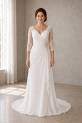 White Sweetheart Mermaid Crepe, Lace Floor-length Wedding Dress With Lace and Open Back and Open Back