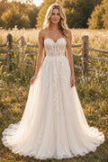 Strapless Sweetheart A-Line Wedding Dress with Lace Bodice and Tulle Sweep Train front view