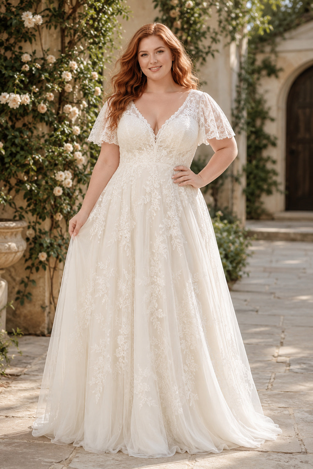 Ivory Plus Size V-Neck Lace A-Line Wedding Dress with Flutter Sleeves and Corset Back front view