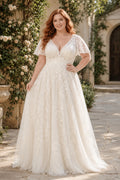 Ivory Plus Size V-Neck Lace A-Line Wedding Dress with Flutter Sleeves and Corset Back front view