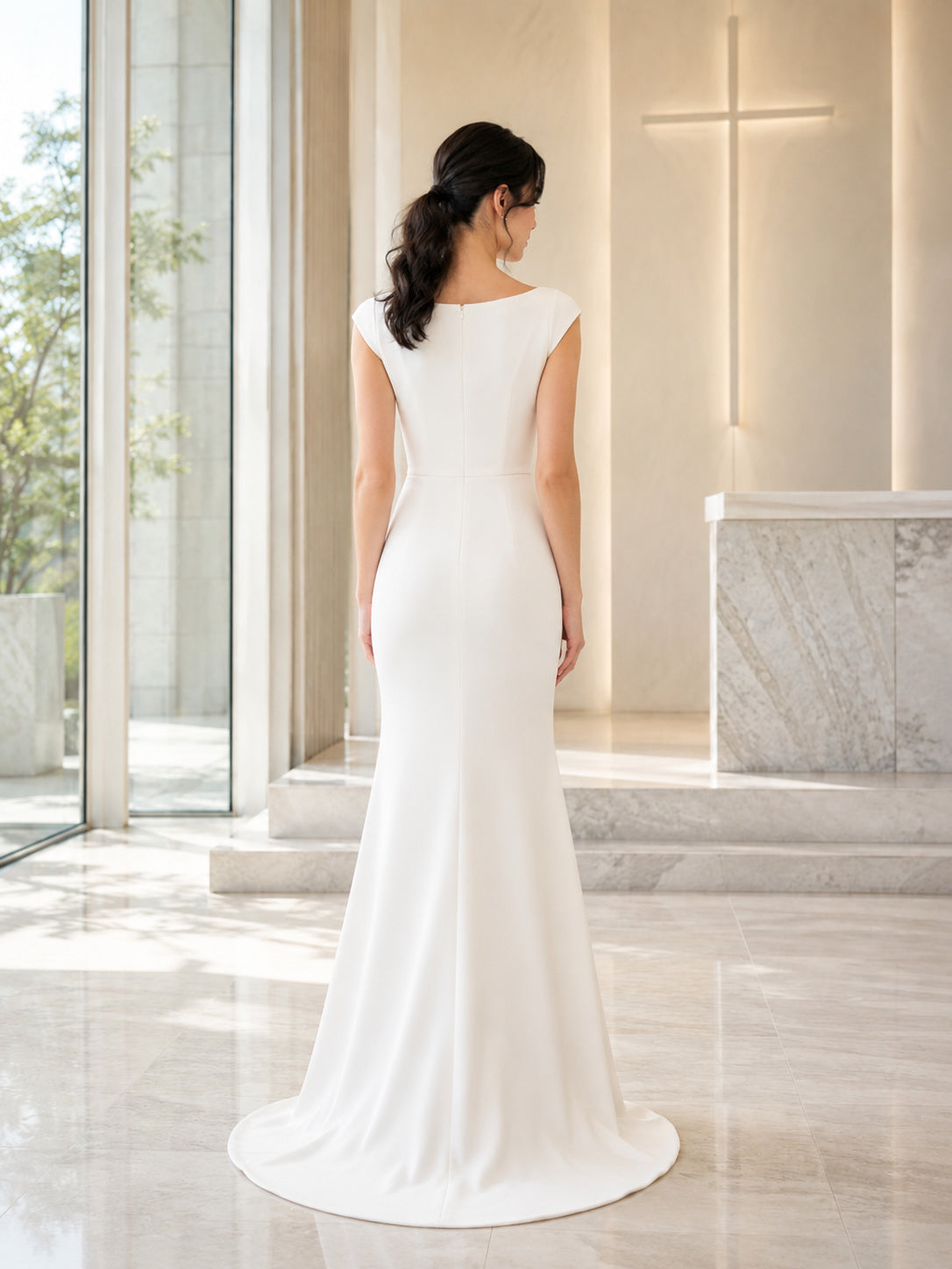 Petite Cowl Neck Minimalist Crepe Sheath Wedding Dress back view